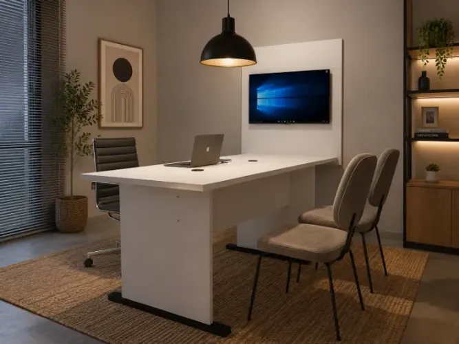 Mesa Corporativa Alto Padrão Com Painel. White: L174cm x P68cm x A74cm