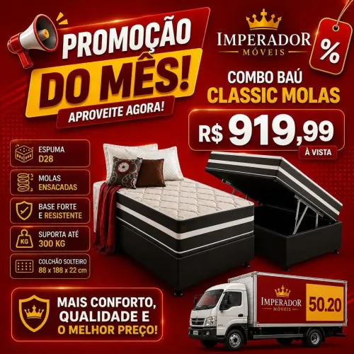 Base Baú Solteiro + Colchão D28 Molas ensacada