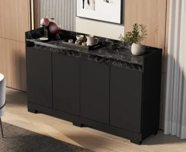 Buffet Real 4 Portas Marmorizado Preto/Marmore Preto