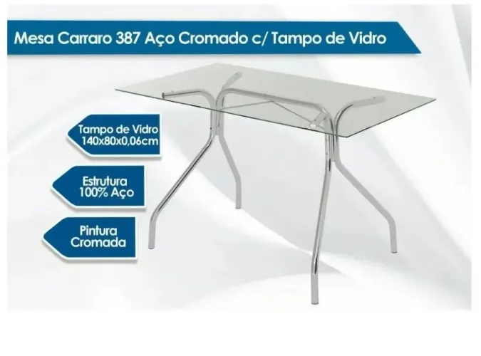 Mesa moderna com tampo de vidro e pés cromado