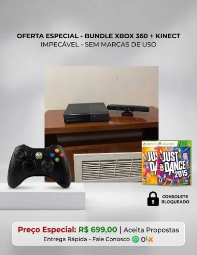 Xbox 360 + Kinect + 1 Controle + Just Dance 2014 e 2015 - Impecável