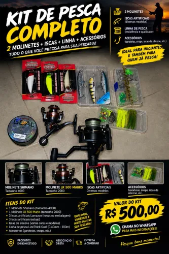 KIT DE PESCA COMPLETO - 2 Molinetes + Iscas + Linha + Acessórios
