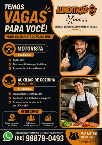 Vaga de emprego para motorista e auxiliar de cozinha
