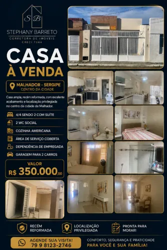 CASA À VENDA EM MALHADOR/SE - CENTRO DA CIDADE