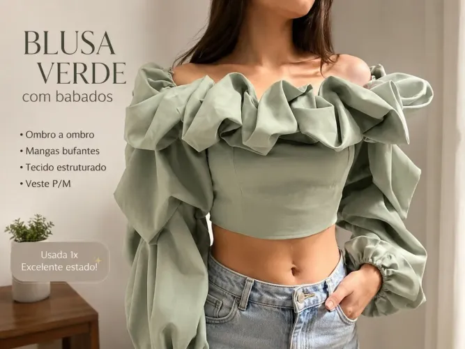Firerie Fora Do Ombro Acabamento De Babados Manga Lanterna Top Crop