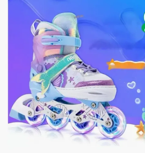Patins Infantil Inline Sereia 4 Rodas+Led Tamanho ajustável 