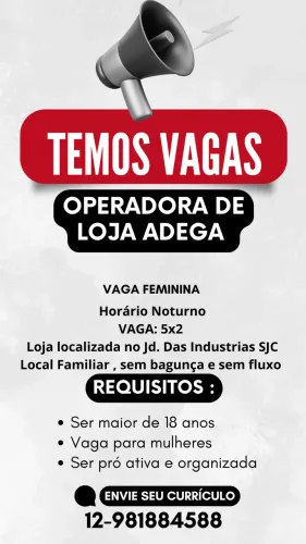 Vaga para operadora de ADEGA FEMININA 