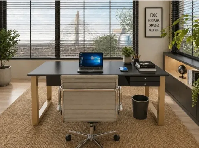 Mesa de Escritório Wooden Beam. L2000cm x P80cm x A74cm. 2 gavetas