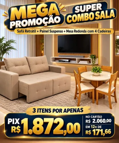COMBO SALA DOS SONHOS: SOFÁ RETRÁTIL + PAINEL SUSPENSO + MESA COM 4 CADEIRAS!