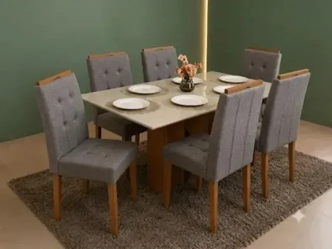 Mesa de Jantar Los Angeles com 6 Cadeiras Linho Cinza | Madeira Maciça