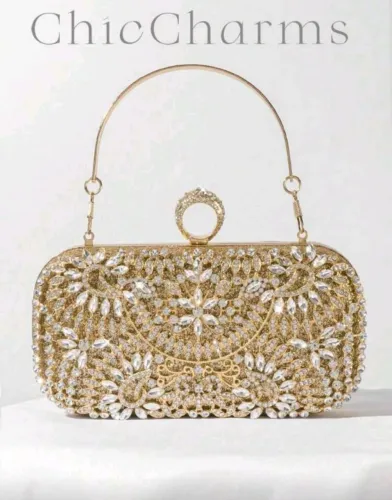 Bolsa de Festa Luxo Dourada com Pedrarias Brilhantes para Casamento e Eventos