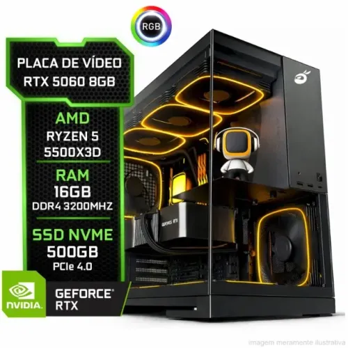 PC Gamer Square RTX 5060 8GB, AMD Ryzen 5 5500X3D, 16GB DDR4, SSD M.2 500GB