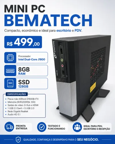 Mini PC Bematech Processador Intel® Dual-Core J1800, 8GB SSD 128GB - USADO
