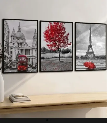 Quadro Londres Árvore Da Vida Vermelha Paris Torre Eiffel Vermelho Preto