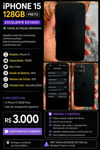 iPhone 15 128GB Preto | Original | Excelente Estado
