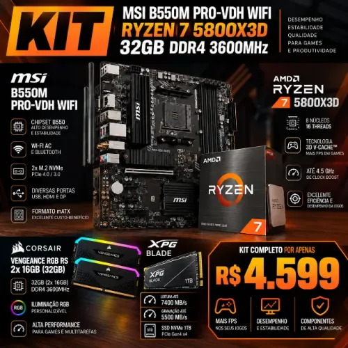 Kit AM4 Msi B550m Pro VDH Wifi + Ryzen 7 5800x3d + 2x16GB DDR4 3600Mhz + SSD XPG Blade 1TB