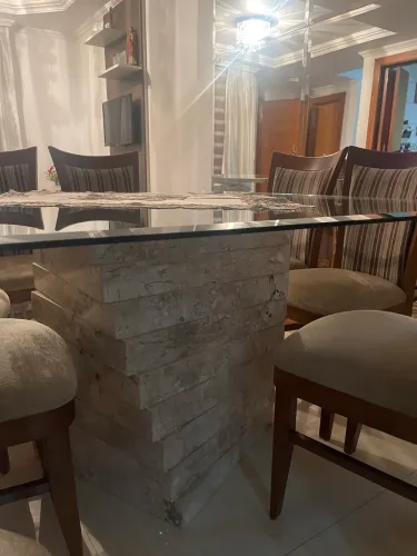 Mesa tampo vidro com base mármore travertino 8 lug.