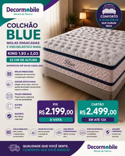Colchão King l BLUE molas ensacadas Viscoelástico king 1,93x203 altura 32 cm