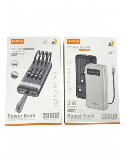 Carregador Power Bank 20.000 MaH Gold Cabos Integrados