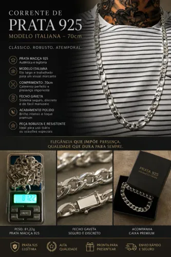 Corrente prata 925 maciça modelo italiana masculina