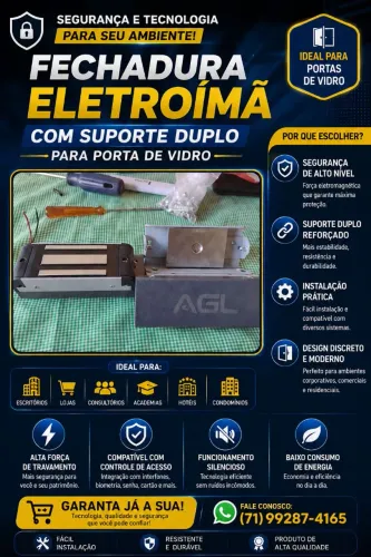 FECHADURA DE ELETROÍMÃ COM SUPORTE DUPLO P/ PORTA DE VIDRO