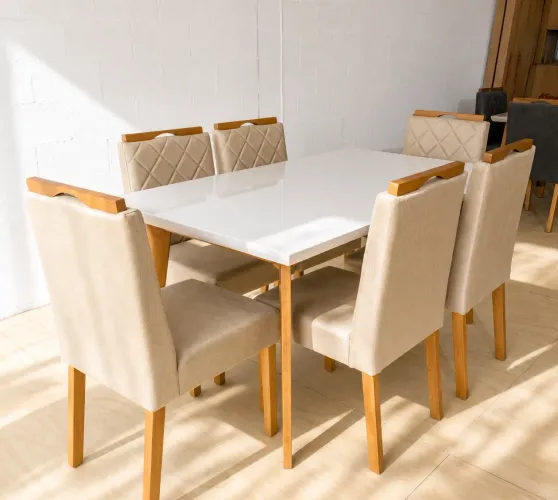CONJUNTO MESA DE JANTAR MADEIRA COM 6 CADEIRAS - MEDIDAS 160x90