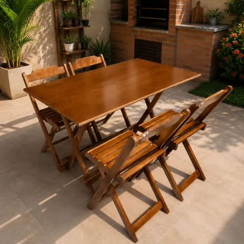 Jogo Conjunto 4 cadeiras e 1 mesa dobrável de Madeira maciça 120 x 70