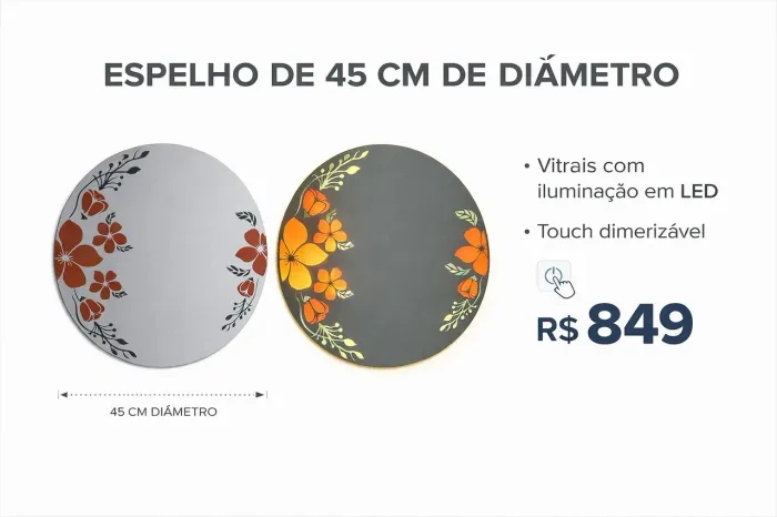 Espelho com vitrais e iluminação em led dimerizável 