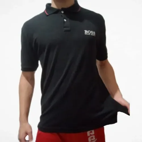 Camisa Boss Polo Preta Gola Alta Listra Vermelha Qualidade Alta