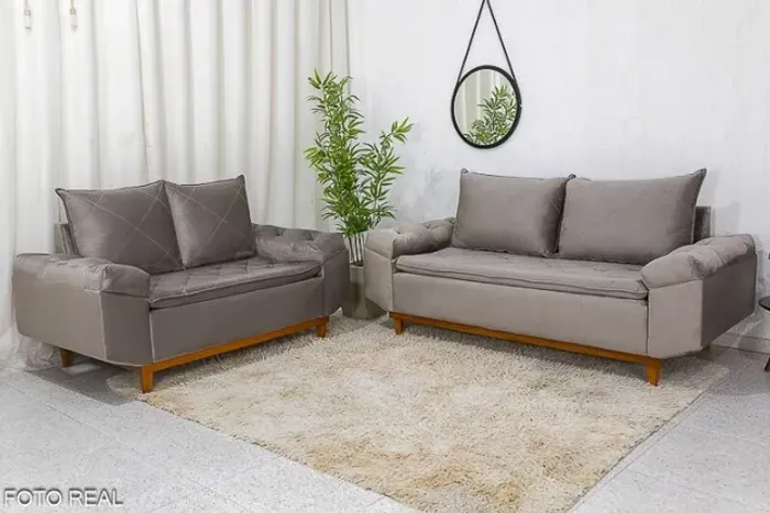 Sofá 3 e 2 lugares Bélgica Veludo Bege Até 12x - Frete Grátis