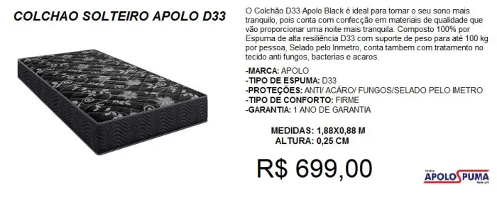 Colchão solteiro d33 apolo - a pronta entrega 