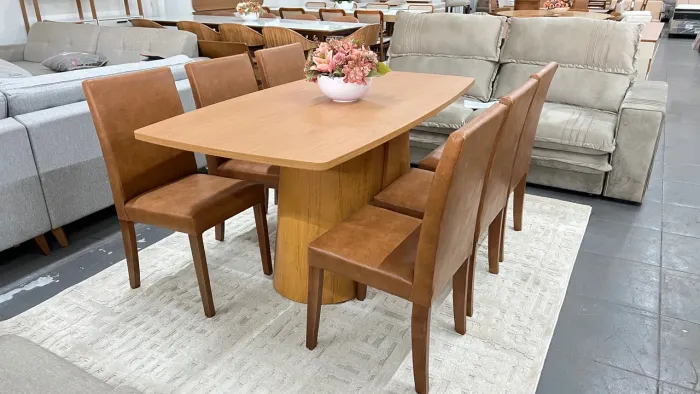 Mesa de Jantar Moderna com 6 Cadeiras em Couro ecológico de madeira