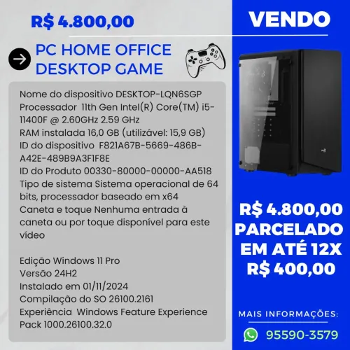 PC Gamer Intel Core i5 11400F - 16GB RAM - SSD - R$4.800,00