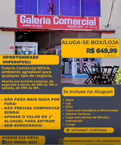 Aluguel box boxe loja zona norte Cascadura R$649,99