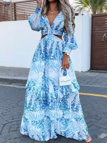 Vestido longo praiano de festa cintura vazada