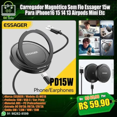 Carregador Magnético Sem Fio Essager 15w Para iPhone16 15 14 13 Airpods Mini Etc