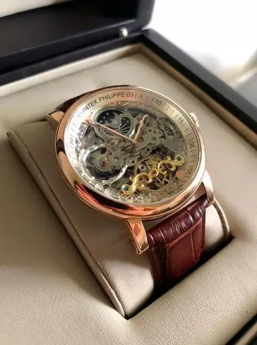 Relógio Mecânico Masculino Automático Mostrador Esqueleto Dourado