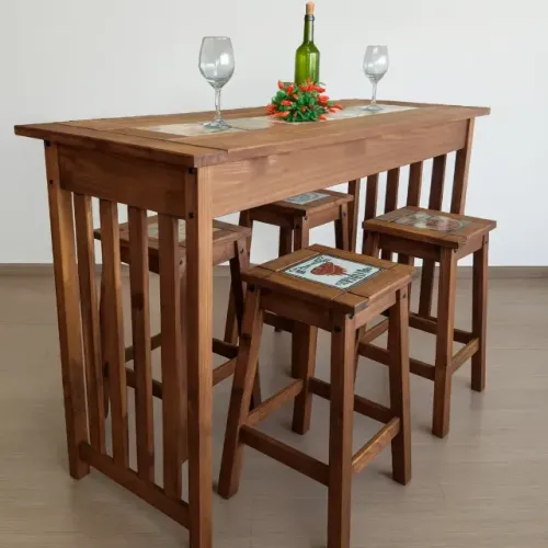 Mesa Bancada 160x60cm Cerâmica + 4 Banquetas Alta Estilo Gourmet Cozinha Assento Cerâmica