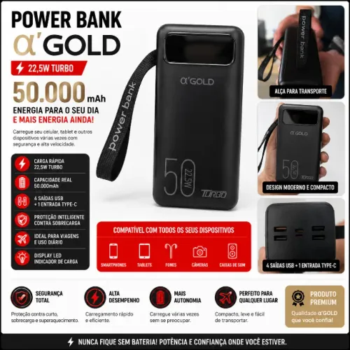 Power Bank A'Gold 50.000mAh Turbo 22,5W | Carregamento Super Rápido | Original