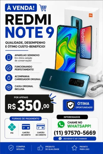 ? XIAOMI REDMI NOTE 9 128GB 4GB RAM | SEMINOVO | EXCELENTE ESTADO | CAIXA ORIGINAL<br>