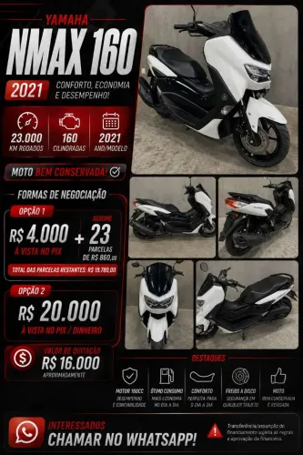 Vendo Yamaha NMAX 160, ano 2021, na cor branca e preta, muito bonita e bem conservada.