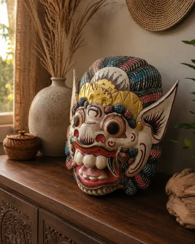 Máscara Barong de Bali em Madeira Maciça | Peça Única Artesanal