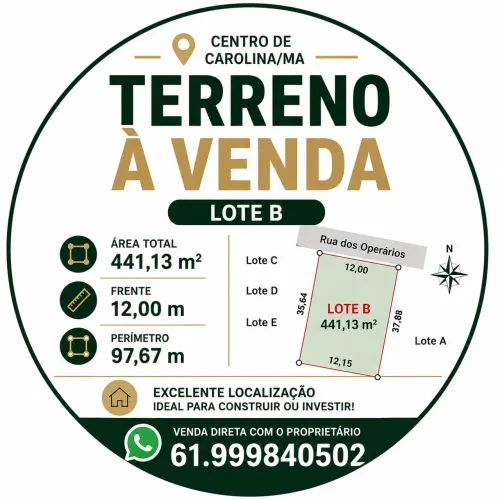 TERRENO À VENDA NO CENTRO DE CAROLINA/MA - 441,13 m²