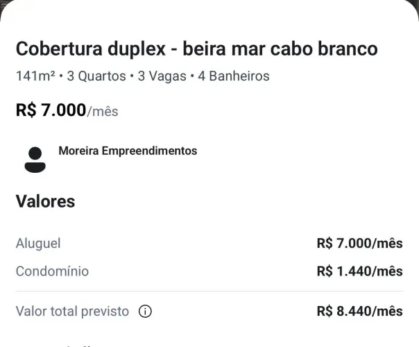 Alugo duplex na beira mar de Cabo branco 