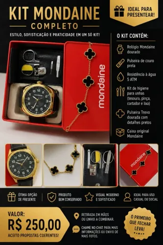 Kit Mondaine dourado + pulseira trevo + kit manicure | kit para presente