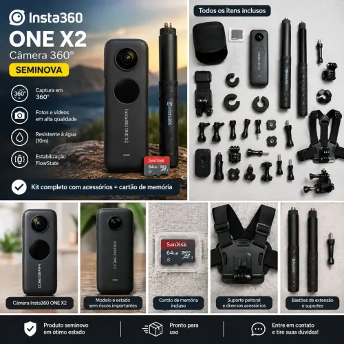Câmera Insta360 ONE X2 360° Seminova + Cartão de Memória e Kit Completo de Acessórios