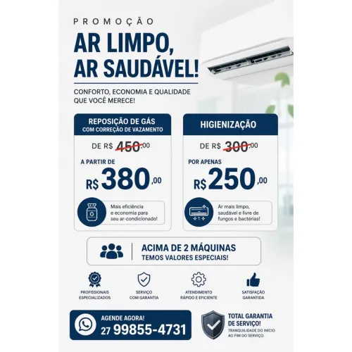 Ar Condicionado Higienização + Recarga de Gás c/ Vazamento | Promoção