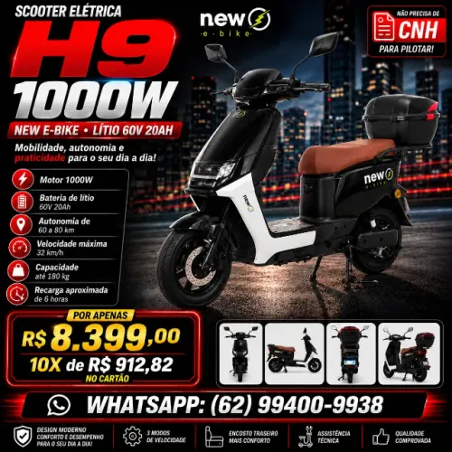 Scooter Elétrica New E-Bike H9 1000W Lítio 60V 20Ah Preto/Prata
