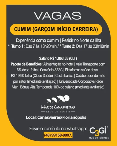 Vaga: Cumim (Garçom início carreira) - Bairro: Canasvieiras