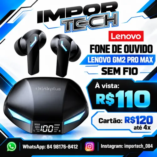 Fone de ouvido Lenovo GM2 PRO MAX sem fio.